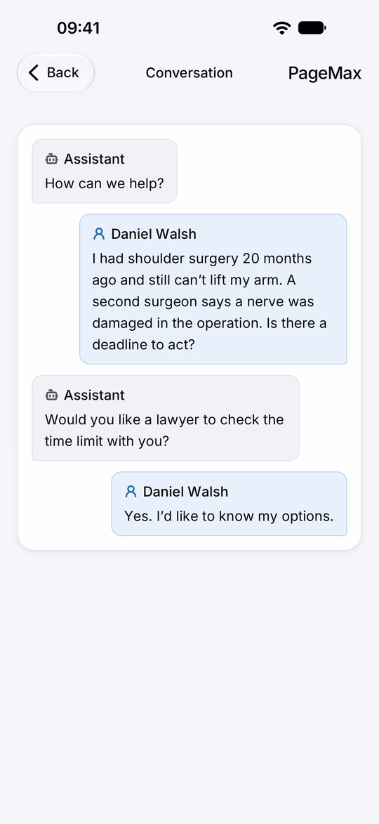 The PageMax app on iPhone showing the conversation between the firm’s website assistant and Daniel Walsh, a new client asking about nerve damage after shoulder surgery