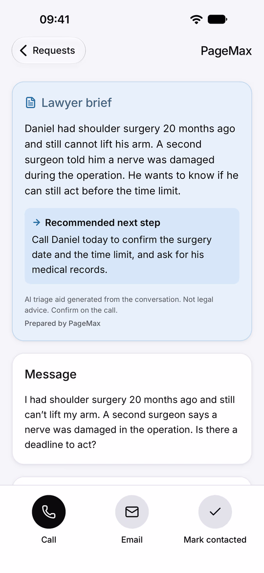 The PageMax app on iPhone showing a new client’s lawyer brief, the recommended next step, and the Call, Email and Mark contacted buttons