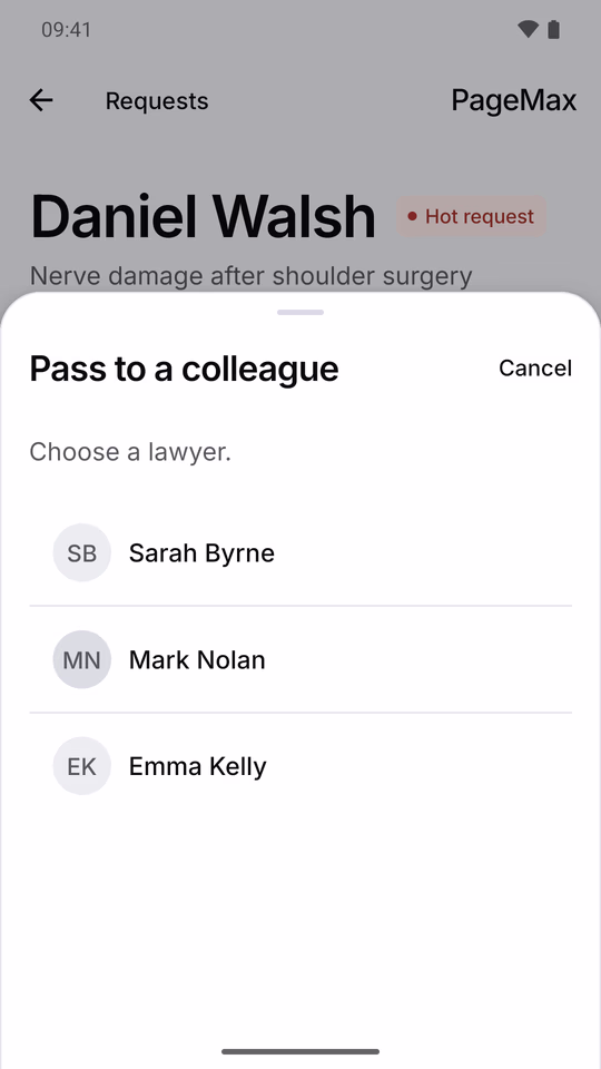 The PageMax app on Android showing Pass to a colleague, where the lawyer chooses which colleague at the firm takes the request