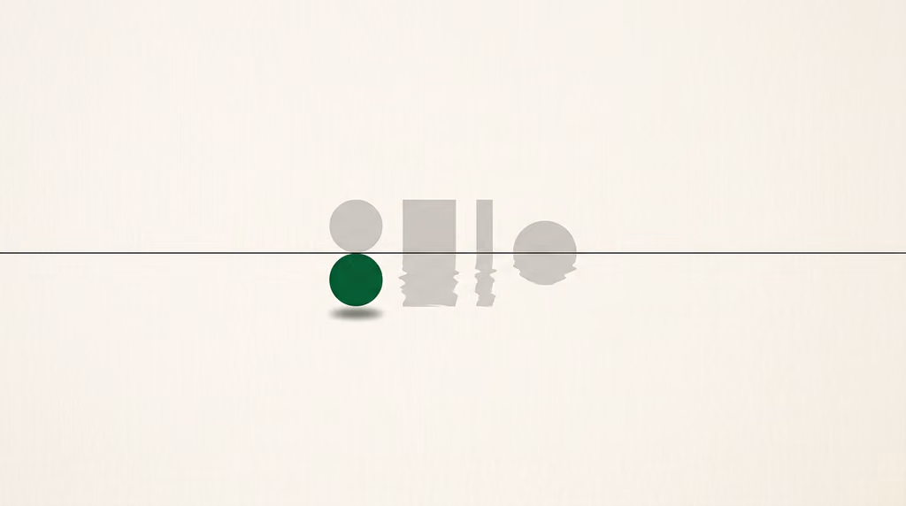 Grey shapes standing on a fine line with their rippled reflection below, one reflected circle in green and an exact match for its original: the translation a person has checked