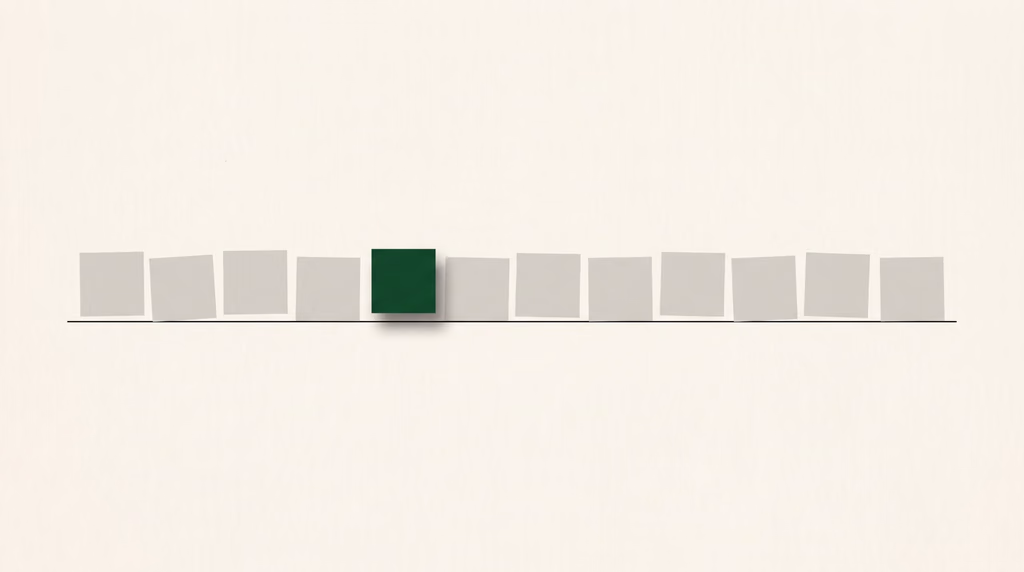 A row of grey tiles on a shelf with one tile in green, picking out Article 50 among the EU AI Act's rules